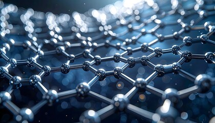 Fototapeta premium Estructura molecular hexagonal en primer plano con esferas y enlaces sobre fondo azul oscuro de estilo científico y tecnológico