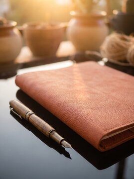 Elegant Leather Journal and Vintage Fountain Pen on Reflective Surface at Sunset, Warm Golden Hour Lighting, Concept for Creative Writing, Professional Planning, Journaling, and Sophisticated Statione