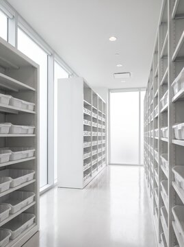 Modern minimalist white archive storage room with rows of metal shelving units and plastic bins in a bright clinical laboratory or medical facility with natural daylight from large floor-to-ceiling wi