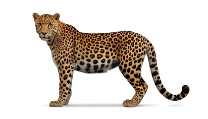 Naklejka premium Full body leopard standing isolated on white background, majestic wild cat predator portrait.
