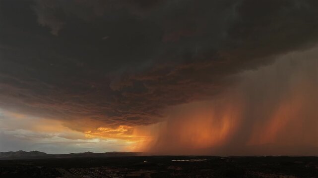 4K aerial shot capturing extreme weather. A massive, heavy monsoon storm drops a torrential downpour over a dark landscape. The thick rain curtain glows fiery orange, backlit by intense light.