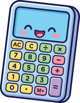Cute cartoon calculator with a smiling face isolated on transparent background