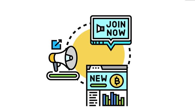 Digital marketing campaign promoting platform registration, with a megaphone announcing a join now message and a browser interface displaying new cryptocurrency investment opportunities