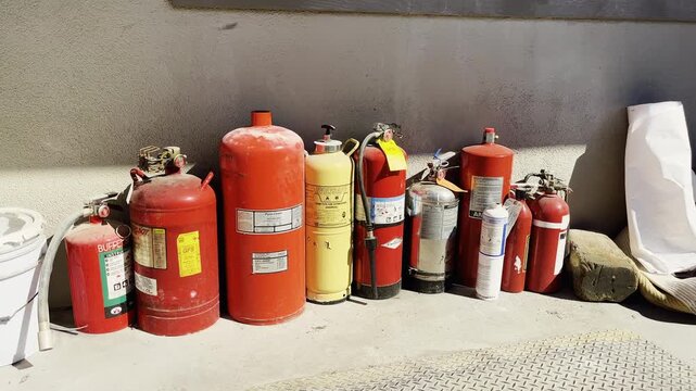 Static view shows assorted fire extinguisher cylinders lined up for refilling