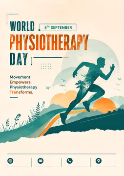 World physiotherapy day poster featuring a running athlete silhouette integrated with nature elements and vibrant orange sun background graphic art