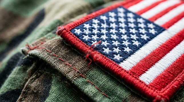 Close-up of US flag patch on camouflage military uniform fabric