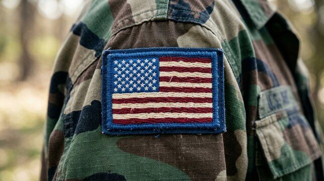 Close-up of U.S. flag patch on camouflage military uniform outdoors