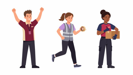 Obraz premium Three diverse workers in uniform, one celebrating, one running with tape, and one holding a package.