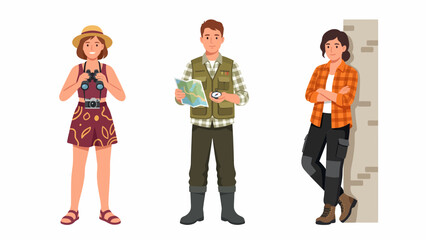 Obraz premium Three diverse people dressed for outdoor exploration and adventure, holding maps and binoculars.
