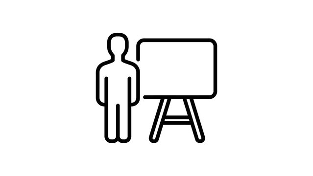 Person standing near whiteboard icon black line art for training session.