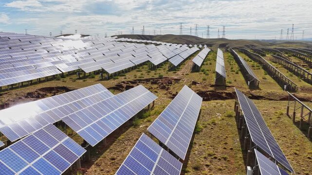 Solar photovoltaic panels and wind turbines generating electricity on the hillside; new energy sources