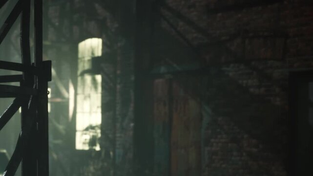 Light filters in through the windows of an old brick building. Shadows form on the walls, creating a dim scene. The atmosphere feels abandoned and quiet in the late afternoon.