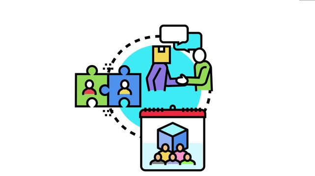 People collaborating, shaking hands, and integrating puzzle pieces symbolize partnership, effective communication, and scheduled project development within a team environment