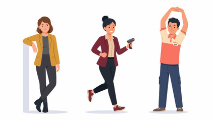 Obraz premium Three diverse people in casual business attire, depicted in a modern flat illustration style, conveying professionalism and activity.