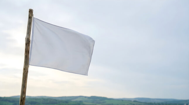 A blank white flag waving on a wooden pole against a cloudy sky