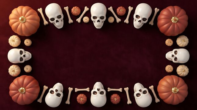 A festive halloween background featuring a rectangular frame made of pumpkins skulls and bones arranged on a dark red surface with space for text