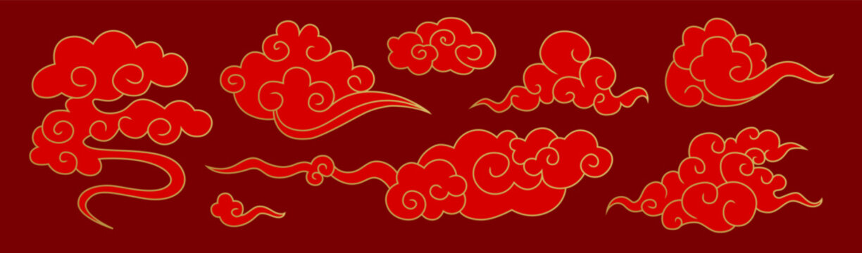 Japanese, Chinese, Thai golden and red cloud set. Traditional Asian curly clouds collection.