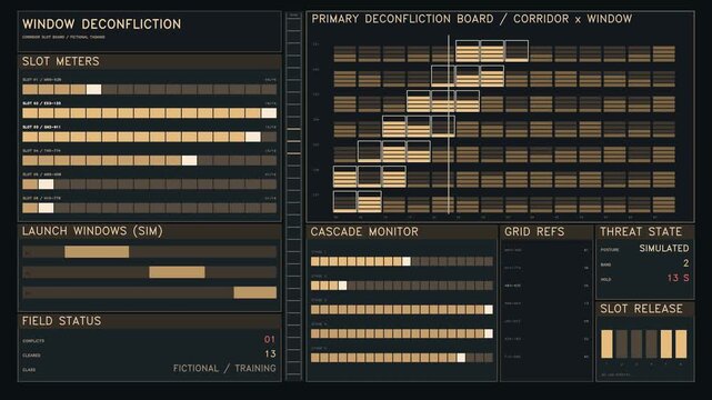 The display shows a window deconfliction board with various slots, meters, and grid references. The design includes motion graphics and text animations for simulation and training