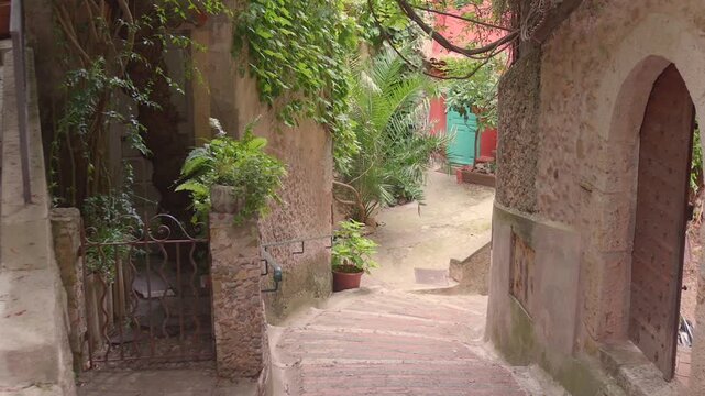 Beautiful old-world alleyway with stone walls and greenery in a medieval village, Roquebrune Cap Martin, France