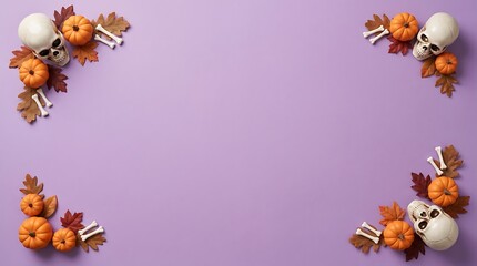 Fototapeta premium Festive halloween background with decorative skulls and small orange pumpkins arranged in the corners on a solid light purple surface with copy space area