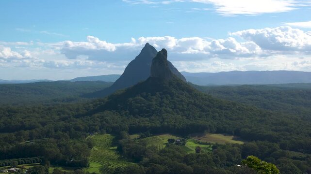 View of Mt. Coonowrin and Mt. Beerwah from Mt. Ngungun on a sunny day at Glass House Mountains Sunshine Coast, Queensland, Australia.