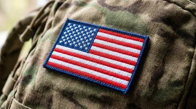 American Flag Patch on Camouflage Military Uniform Close Up Patriotism
