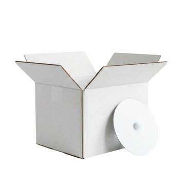 White cardboard box with compact disc isolated on white isolated on transparent background