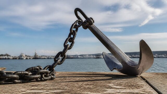 Anchor and Chain on Dock with Harbor Background
