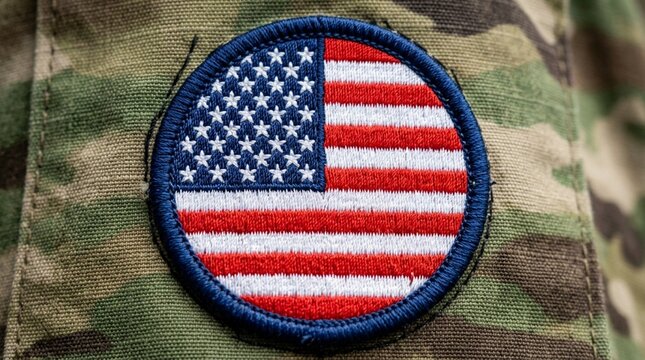 American flag patch on camouflage uniform, close-up