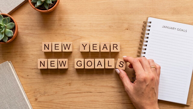 Hand arranging wooden blocks spelling new year new goals beside notebook, representing resolution planning and personal motivation
