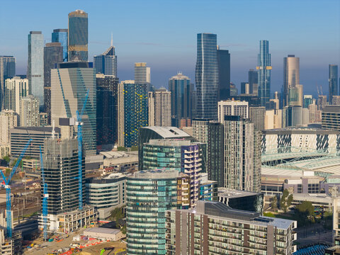 Aerial view of congested high-rise buildings in a major city skyline