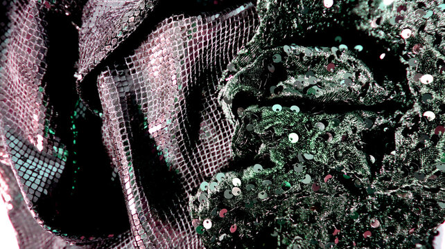 A close-up shows dark fabric adorned with shiny sequins, capturing details of textures and patterns. The image reflects a scene from a fashion event in a studio.