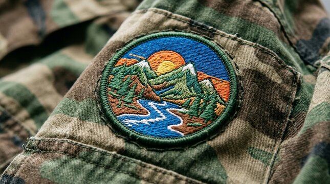 Embroidered patch with mountain landscape and river on camouflage fabric