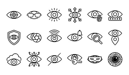 Fototapeta premium Set of hand drawn eye icons representing security surveillance privacy and digital monitoring technology concepts in doodle style