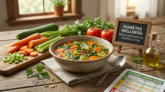 Bowl of healthy vegetable soup on wooden table with fresh produce