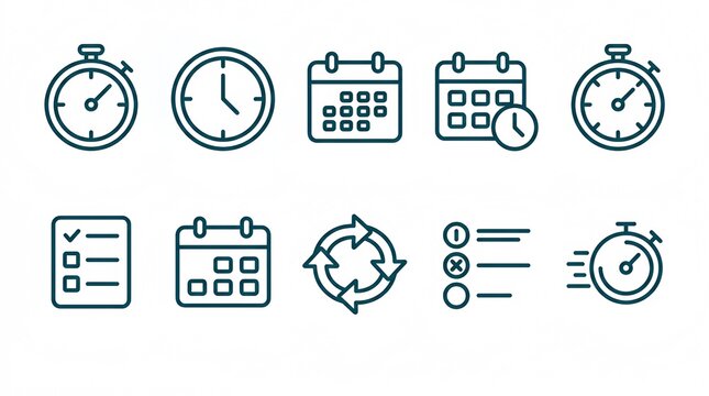 Time management and productivity line icon set featuring stopwatch, clock, calendar, scheduling, checklist, task management, workflow, process cycle, priority list, and fast performance symbols.