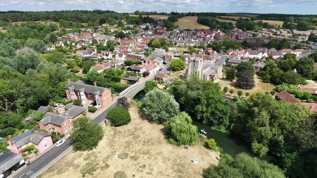 Bures Village Suffolk England Panning drone aerial