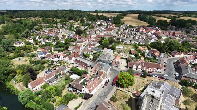 Panning drone aerial Housing estate Bures Village Suffolk England