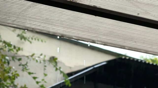 Water drop falling from polycarbonate roof edge close up macro concept for rain weather, house construction material, roof drainage system, waterproof protection, and green nature. High quality