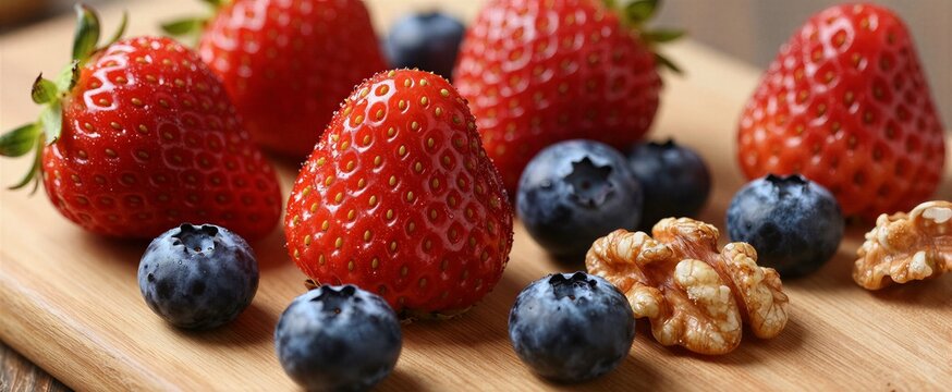 Close View Of Various Fresh Fruits Arranged On Wooden Cutting Board Main Subjects Ripe Strawberries With Bright Red Color Speckled
