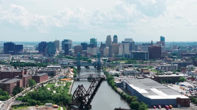 Newark, NJ with the Passaic River in the foreground, 4K drone shot