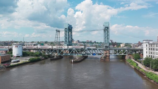 Aerial View of NJ Transit Train Crossing Passaic River in Newark, NJ