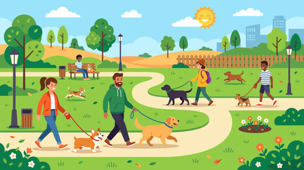 Fototapeta premium People Walking Dogs on Pathway in Public City Park Outdoor Recreation Vector Illustration