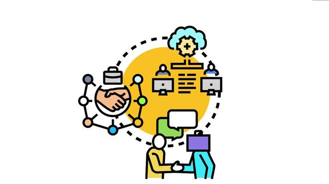 Business partners engaging in a joint venture, collaborating through a connected network and cloud computing to develop a successful corporate strategy and achieve shared goals