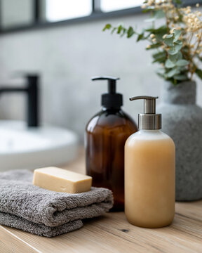 Cozy bathroom scene with neatly folded towel. Amber bottle and creamy pump bottle sit beside bar of soap. Soft-focus background shows sink and plant with green leaves