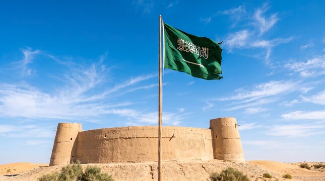 Saudi arabia flag waving high over traditional mud architecture fort in sunny desert landscape views.