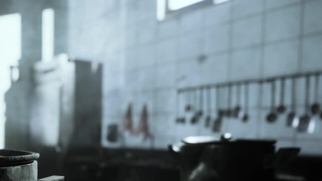 A kitchen scene shows pots on a stove with steam rising. Sunlight enters through windows. The area is organized with utensils hanging on the wall.