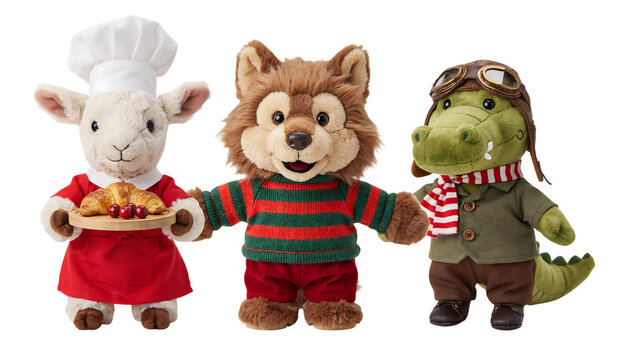 Cute plush stuffed animals including a sheep chef a wolf and an alligator pilot with alligator children collection character croissant aviation wildlife creatures companions