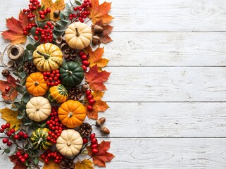 Fototapeta premium Top Down Autumn Flat Lay on Whitewashed Wood with Pumpkins Berries and Copy Space