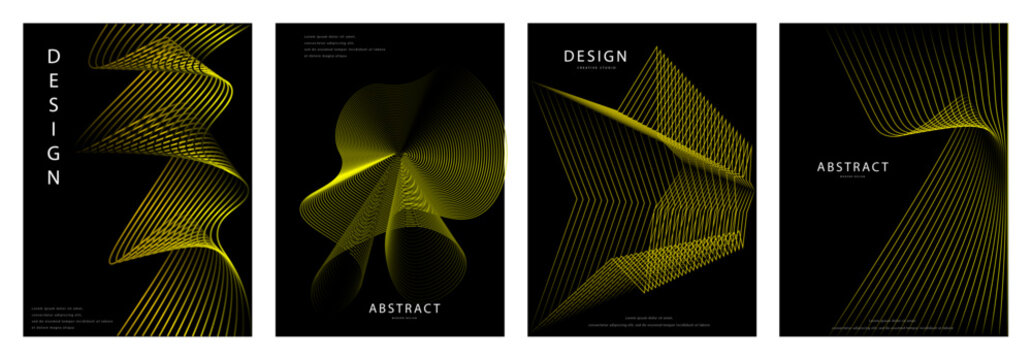 Yellow gold wireframe line art poster cover templates on black background, abstract 3d mesh design set for tech presentation, corporate report, business brochure and modern design template